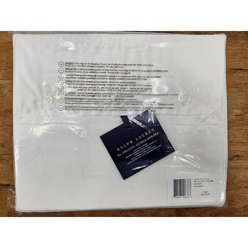 New Ralph Lauren Organic Sateen Border King Duvet Cover Parchment White